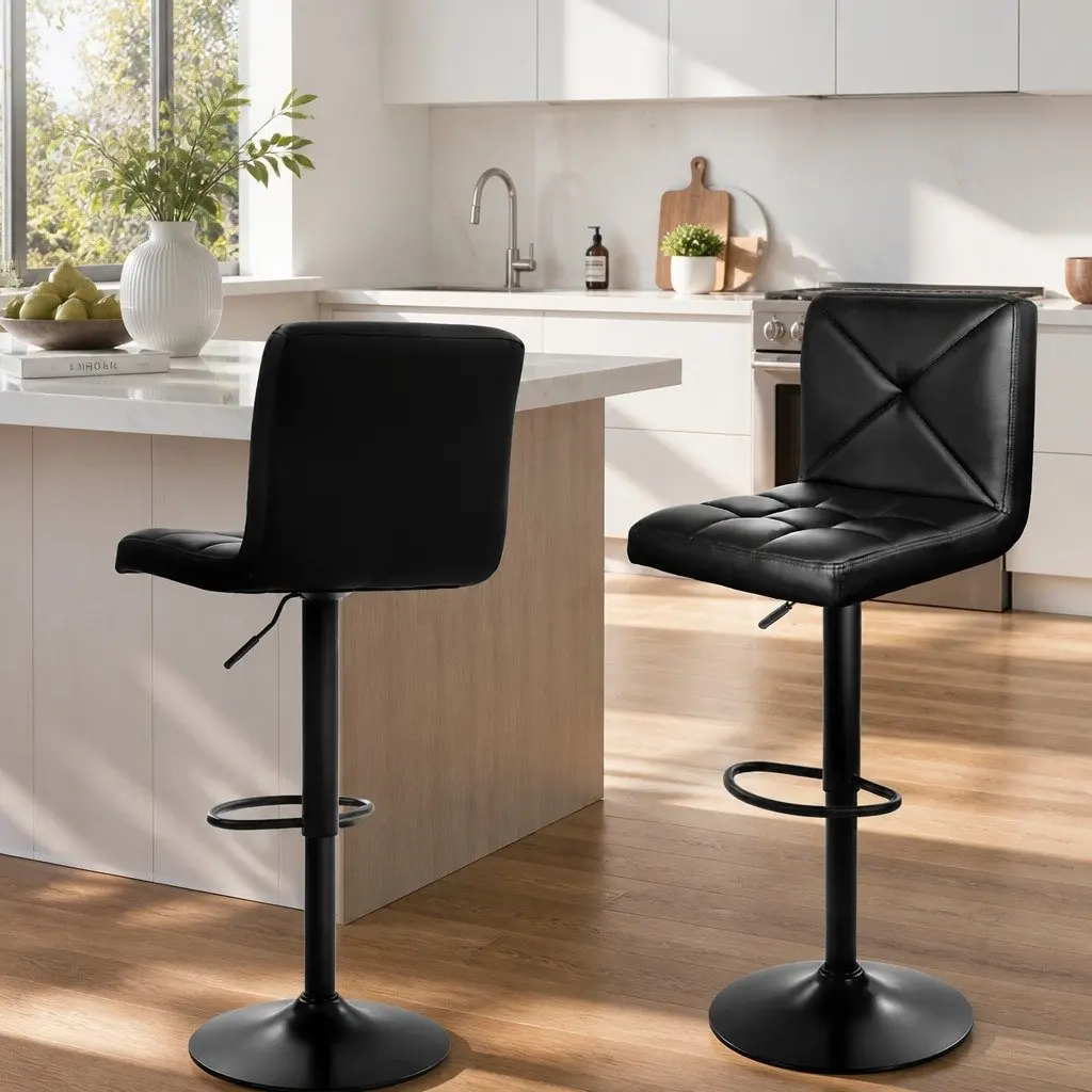 Bar Stools Black Set of 2 Gas Lift Swivel Seat 360 Degree Adjustable Height