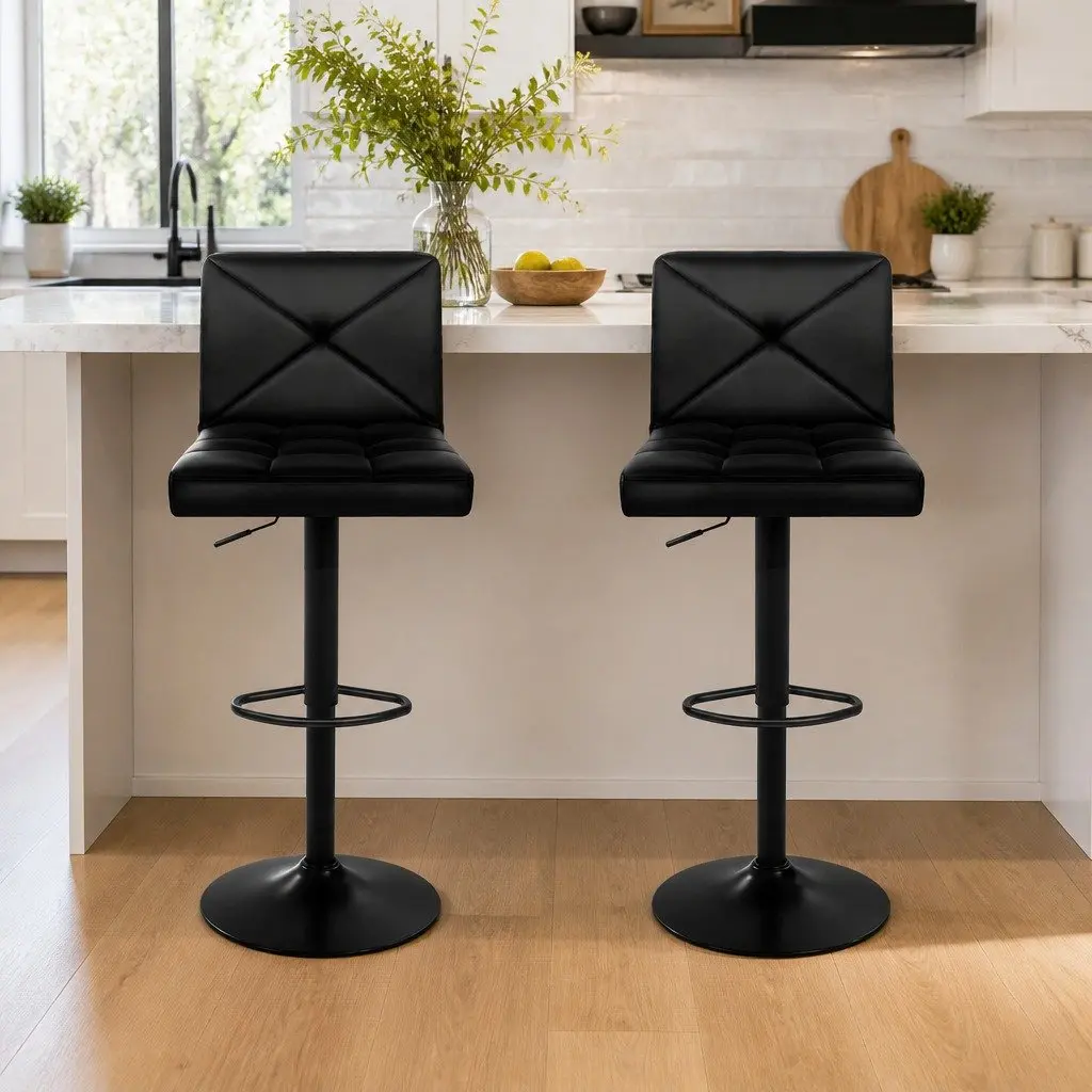 Bar Stools Black Set of 2 Gas Lift Swivel Seat 360 Degree Adjustable Height