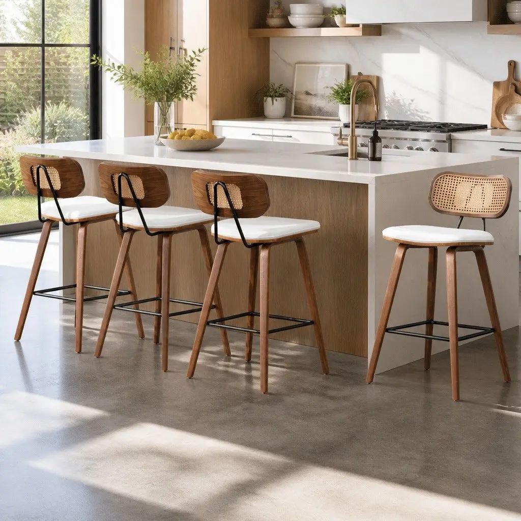 Bar Stools Set of 4 Kitchen Counter Dining Chairs PU Leather Seat Rattan