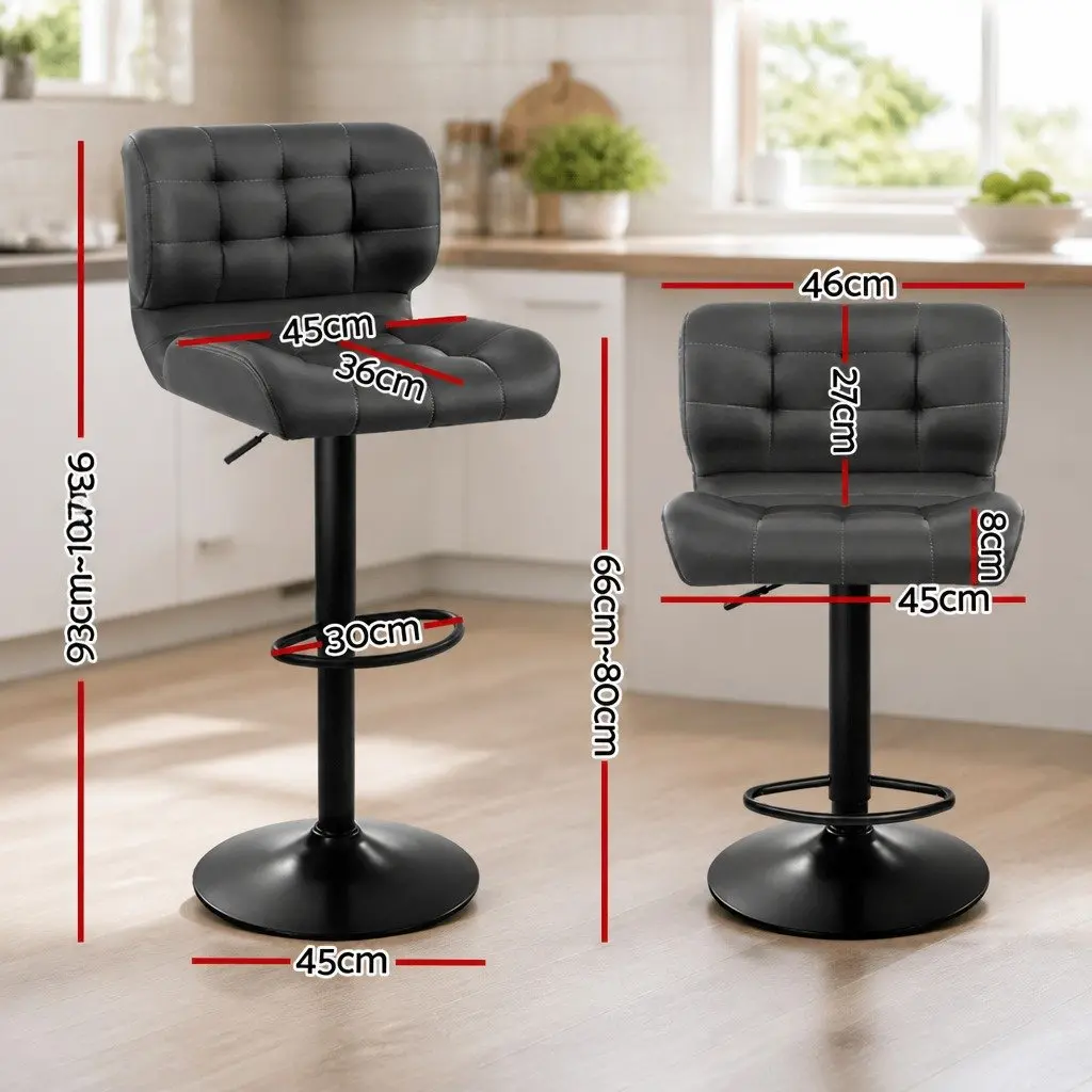 Bar Stools Grey PU Leather Padded Seat Gas Lift Swivel Chair Chrome Base 2 Pack