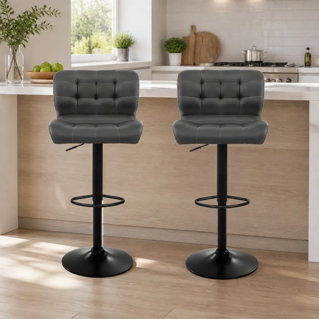 Bar Stools Grey PU Leather Padded Seat Gas Lift Swivel Chair Chrome Base 2 Pack