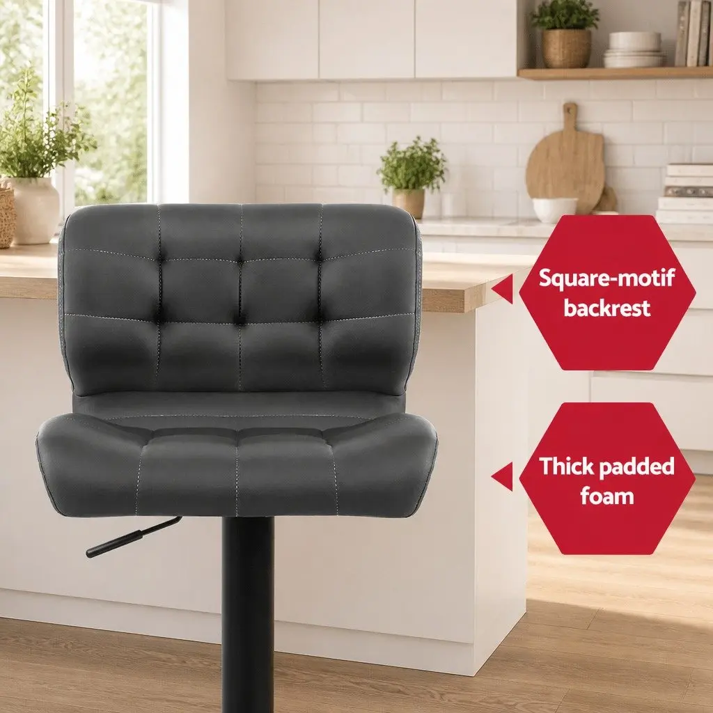 Bar Stools Grey PU Leather Padded Seat Gas Lift Swivel Chair Chrome Base 2 Pack