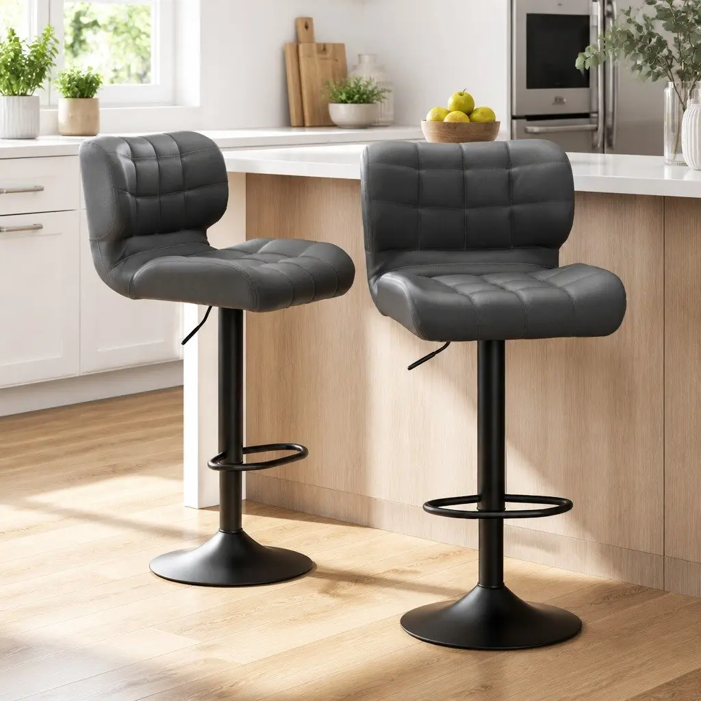 Bar Stools Grey PU Leather Padded Seat Gas Lift Swivel Chair Chrome Base 2 Pack