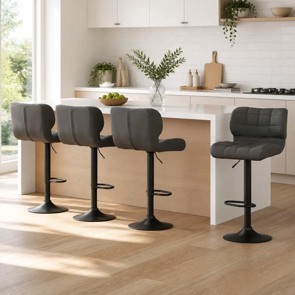 Bar Stools Grey Adjustable Height Padded Seat Swivel Set of 4