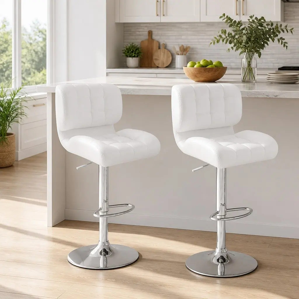 Bar Stools White Gas Lift Padded Seat Swivel Chair Chrome Base 2 Piece