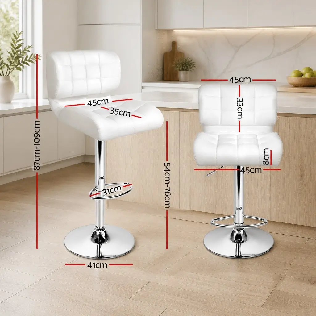 Bar Stools White Gas Lift Padded Seat Swivel Chair Chrome Base 2 Piece