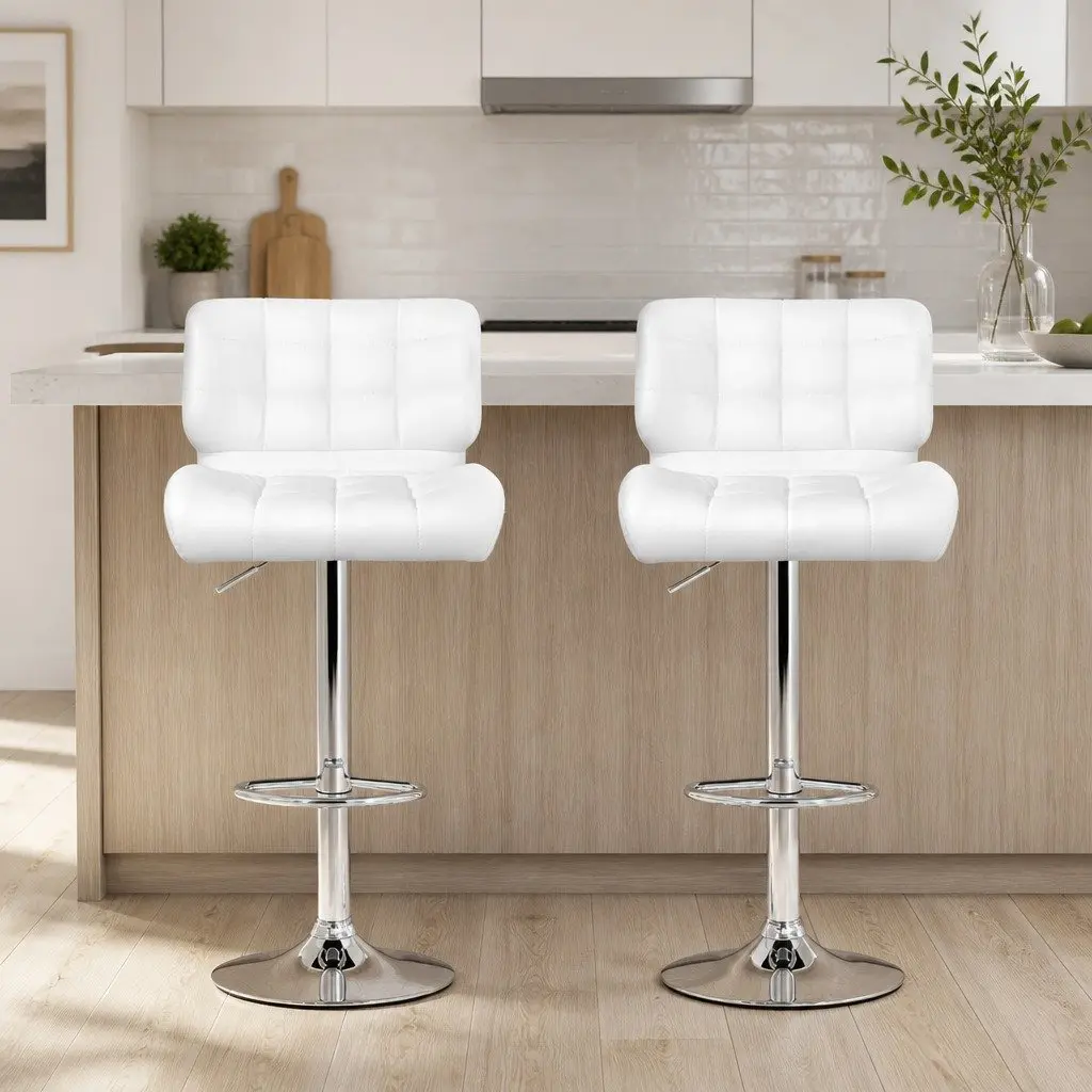 Bar Stools White Gas Lift Padded Seat Swivel Chair Chrome Base 2 Piece