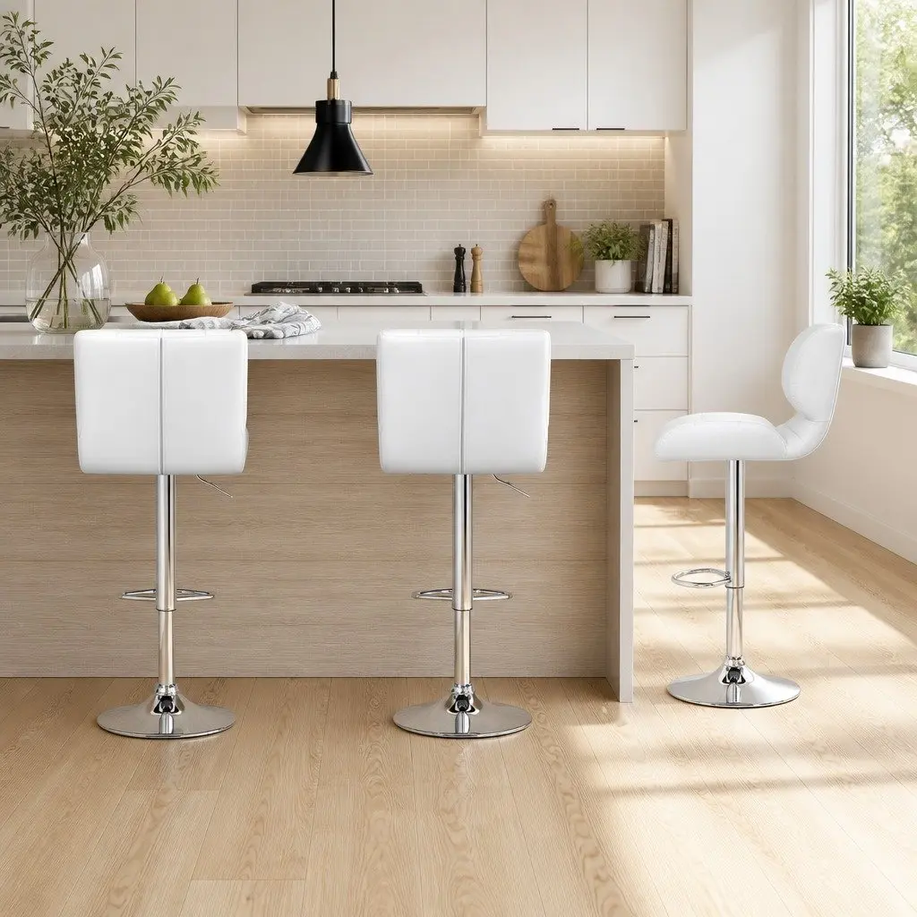 Bar Stools White Gas Lift Padded Seat Swivel Chair Chrome Base 2 Piece