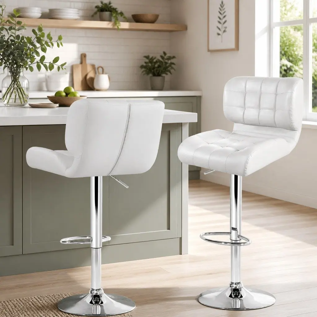 Bar Stools White Gas Lift Padded Seat Swivel Chair Chrome Base 2 Piece