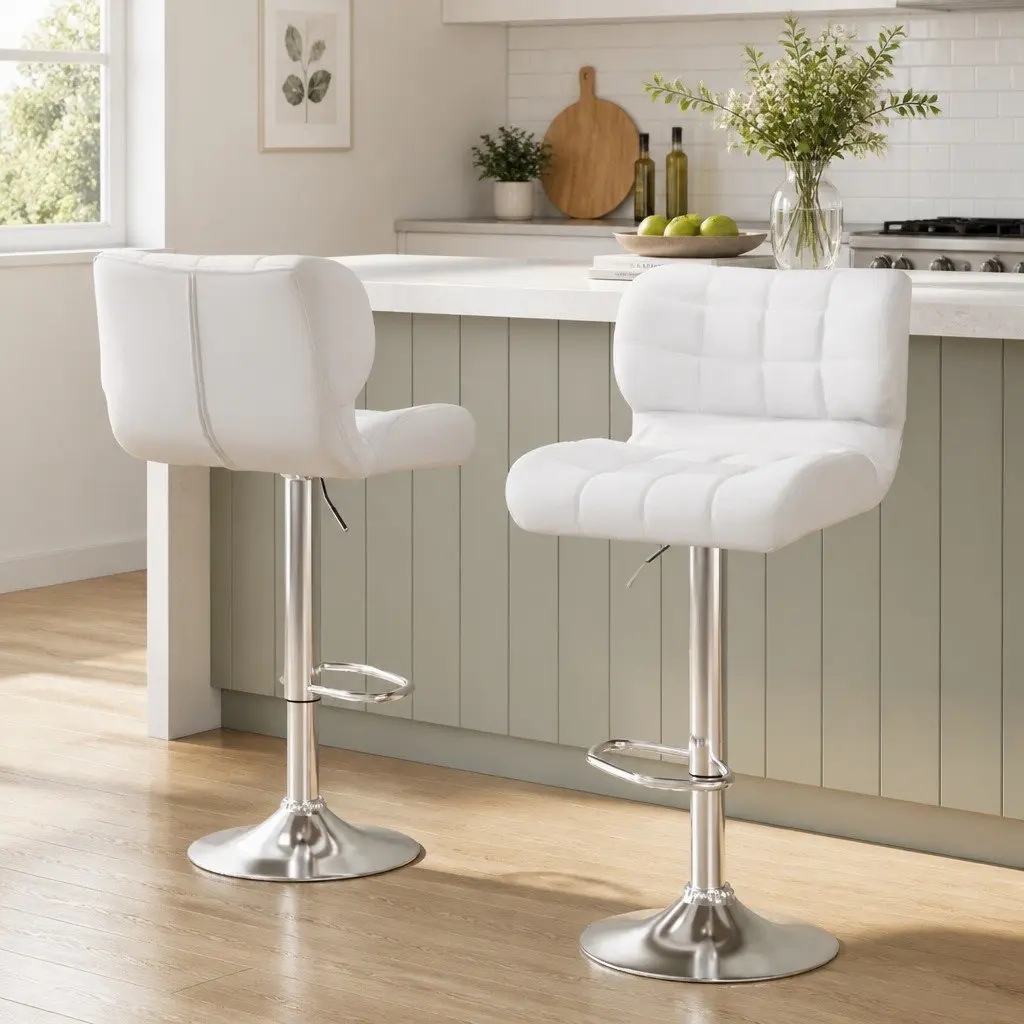 Bar Stools White Gas Lift Padded Seat Swivel Chair Chrome Base 2 Piece