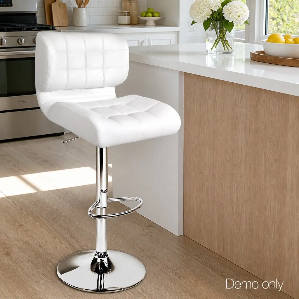 Bar Stools White Gas Lift Padded Seat Swivel Chair Chrome Base 2 Piece