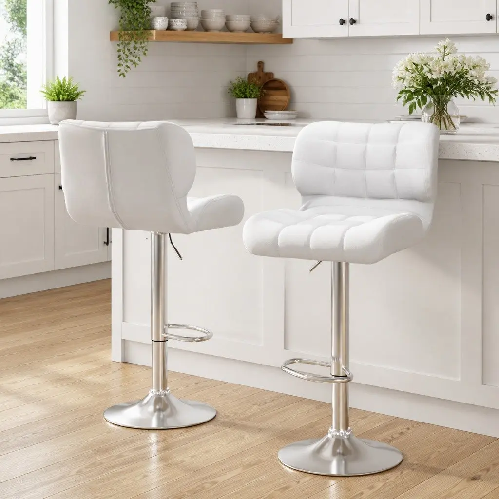 Bar Stools White Gas Lift Padded Seat Swivel Chair Chrome Base 2 Piece