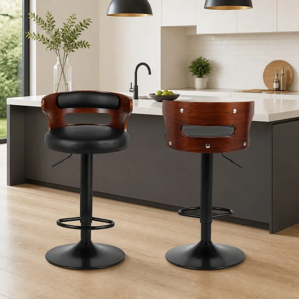Bar Stools Black PU Leather Mid-Back Adjustable Height 2 Piece Gas Lift Swivel Chair