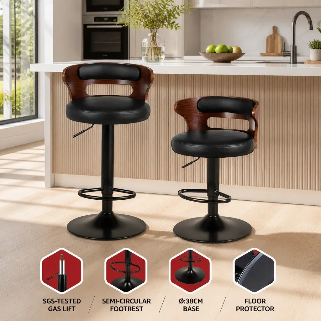 Bar Stools Black PU Leather Mid-Back Adjustable Height 2 Piece Gas Lift Swivel Chair