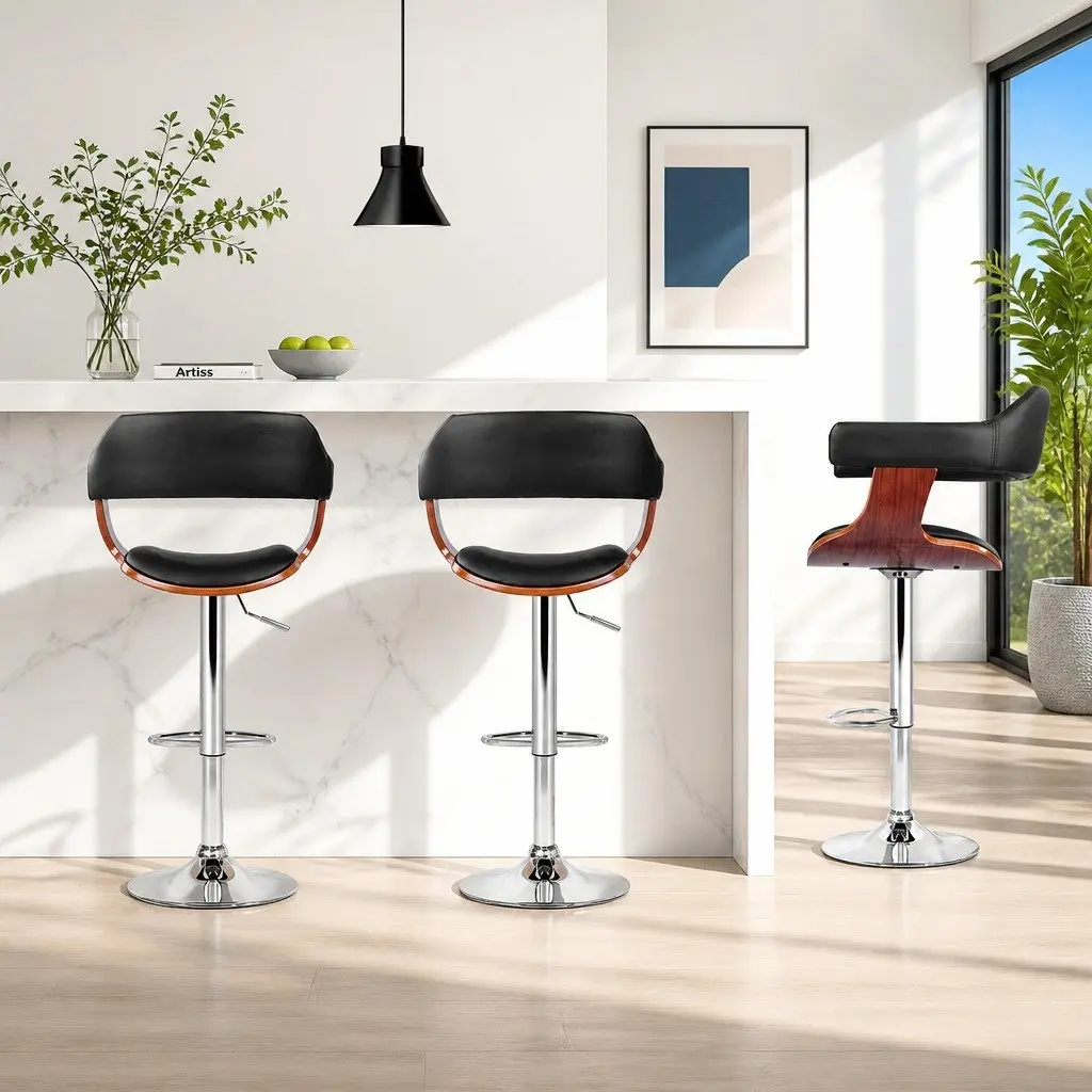 Bar Stools Black PU Leather Padded Seat Gas Lift Swivel Adjustable Height