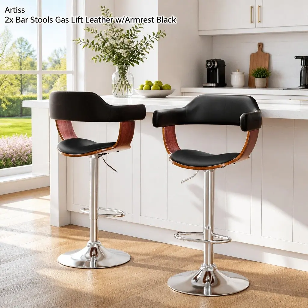Bar Stools Black PU Leather Padded Seat Gas Lift Swivel Adjustable Height