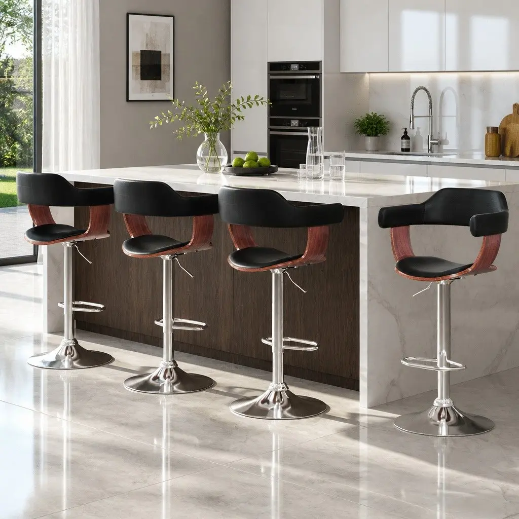 Bar Stools Black Padded Seat Gas Lift Swivel Armrest Chrome Base Set of 4
