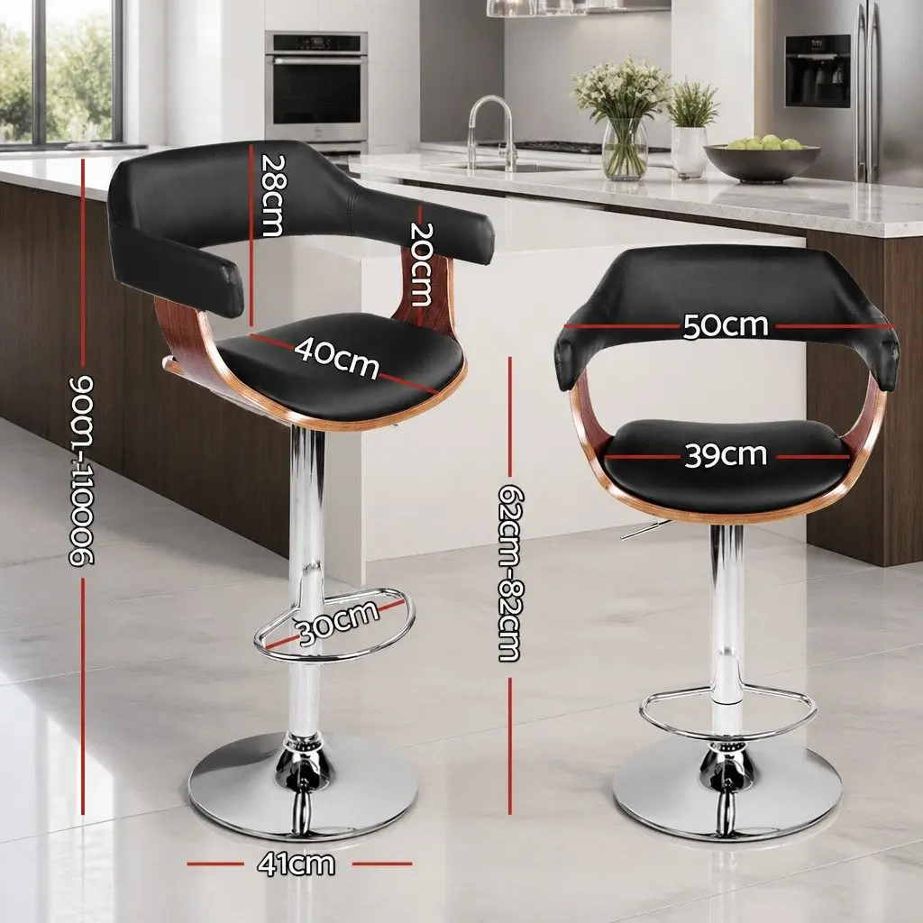 Bar Stools Black Padded Seat Gas Lift Swivel Armrest Chrome Base Set of 4