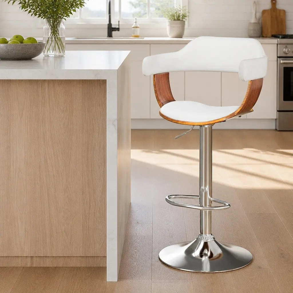 Bar Stools White Padded Seat Adjustable Height Swivel Chrome Base Footrest