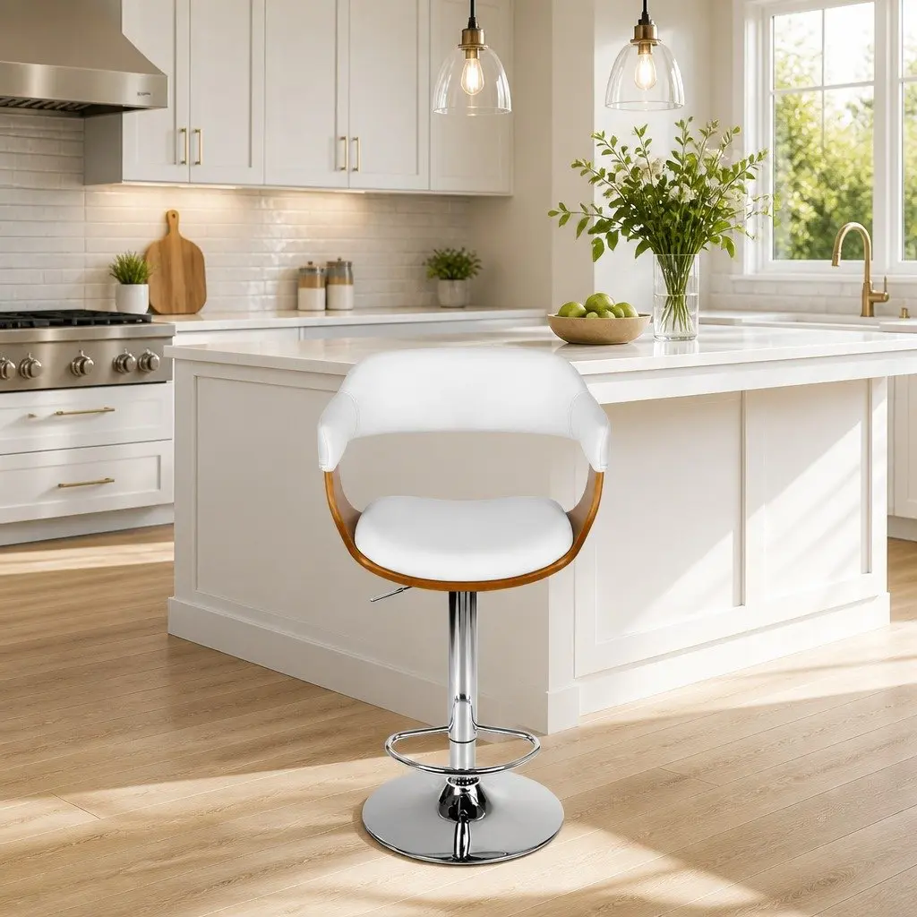 Bar Stools White Padded Seat Adjustable Height Swivel Chrome Base Footrest