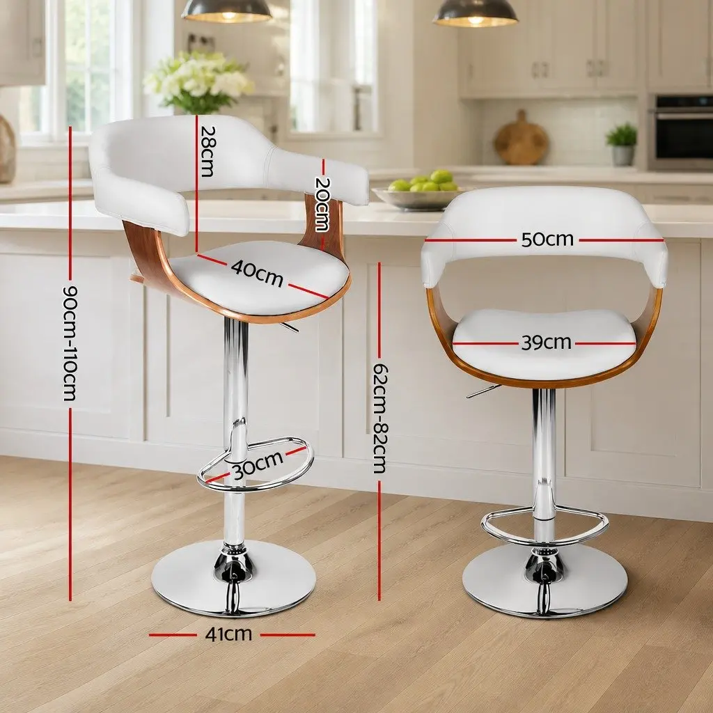 Bar Stools White Padded Seat Adjustable Height Swivel Chrome Base Footrest