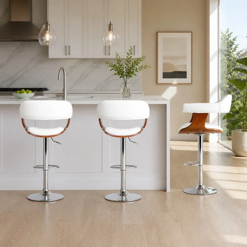 Bar Stools White Padded Seat Adjustable Height Swivel Chrome Base Footrest