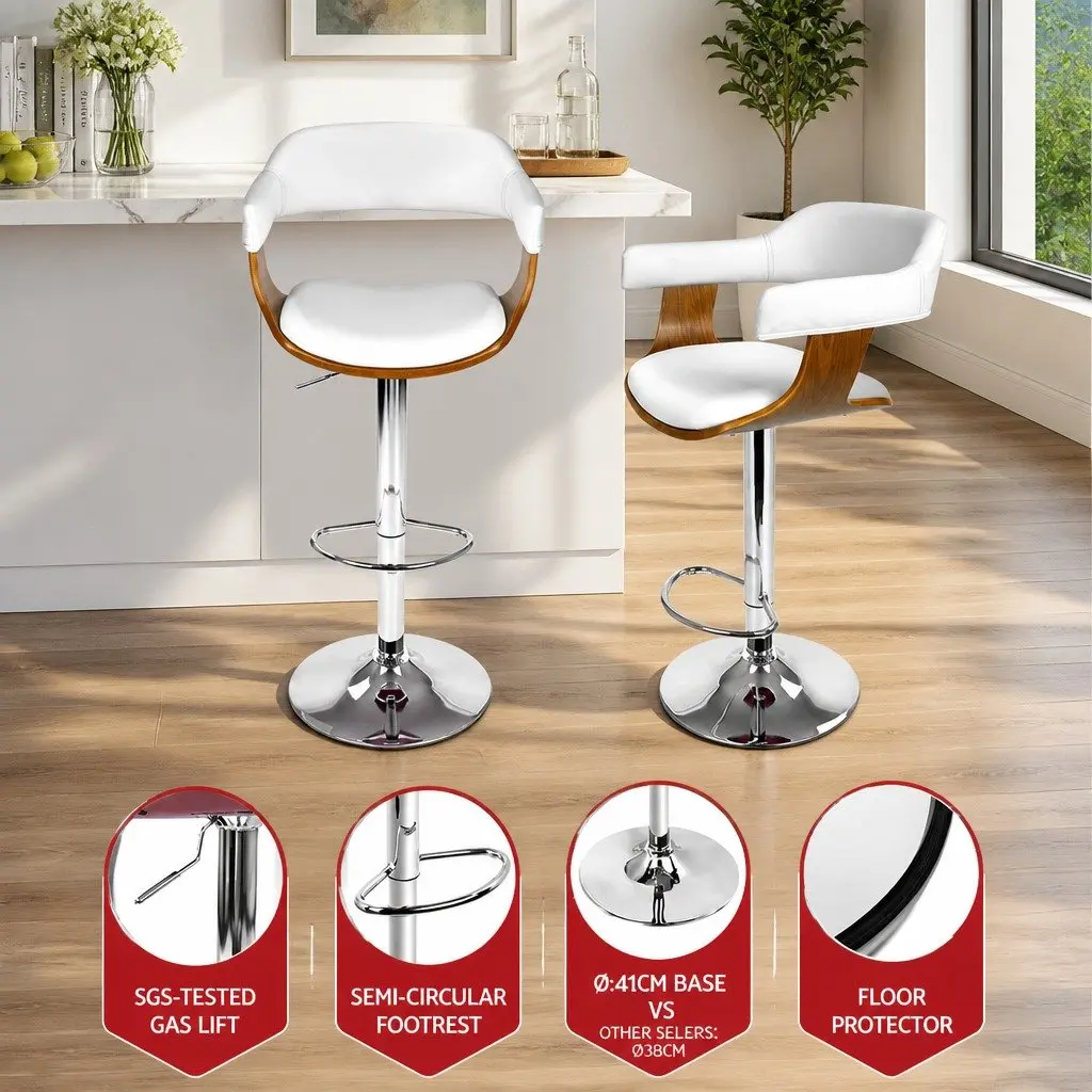 Bar Stools White Adjustable Height Gas Lift Swivel Chair Wooden Seat with Armrests Set of 2