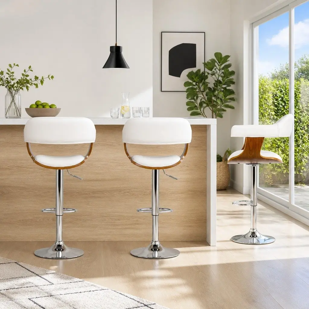 Bar Stools White Adjustable Height Gas Lift Swivel Chair Wooden Seat with Armrests Set of 2