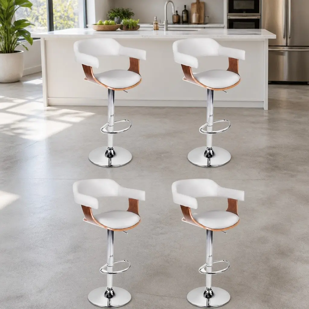 Bar Stools White Height Adjustable Swivel Seat Wooden Frame Chrome Base 4 Piece