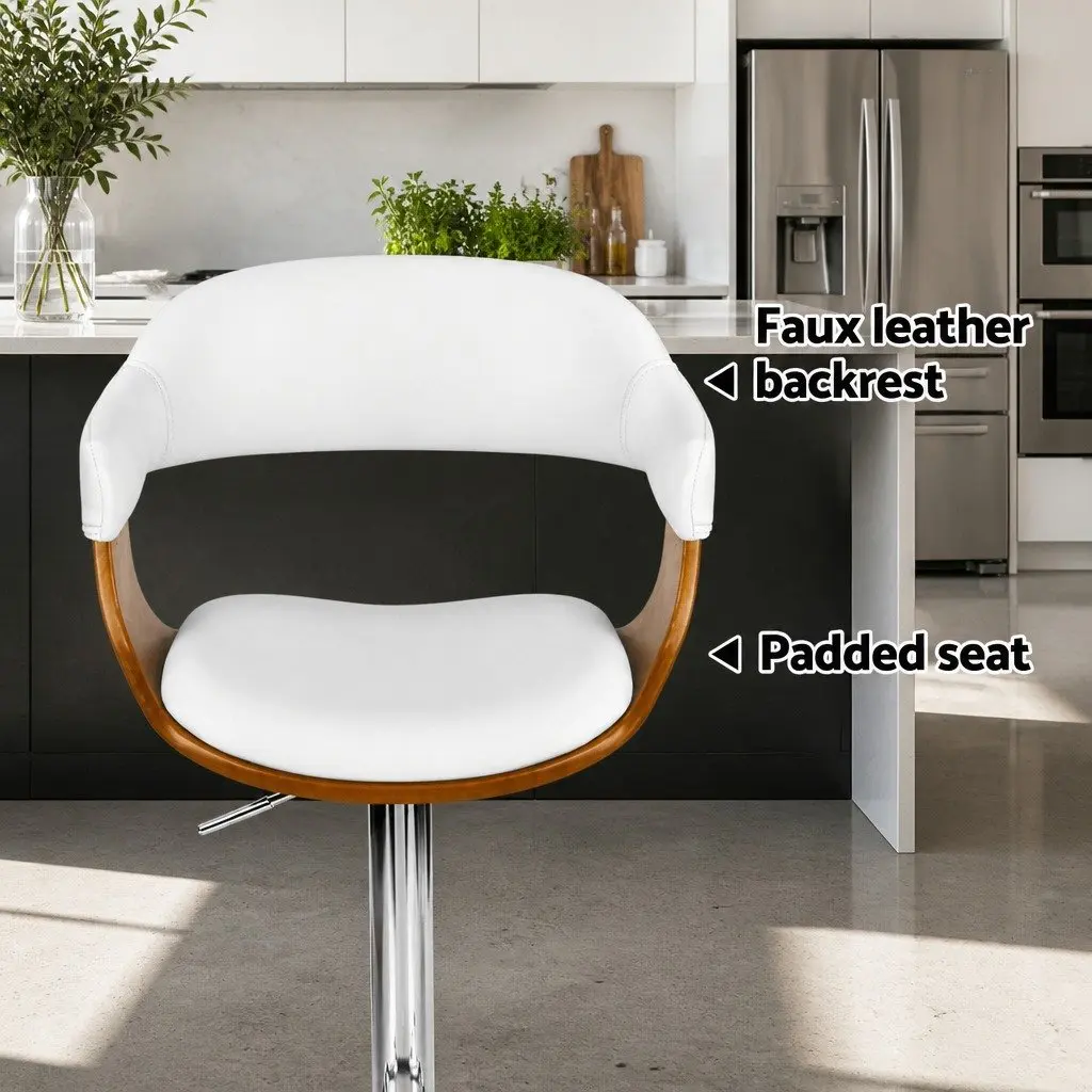 Bar Stools White Height Adjustable Swivel Seat Wooden Frame Chrome Base 4 Piece