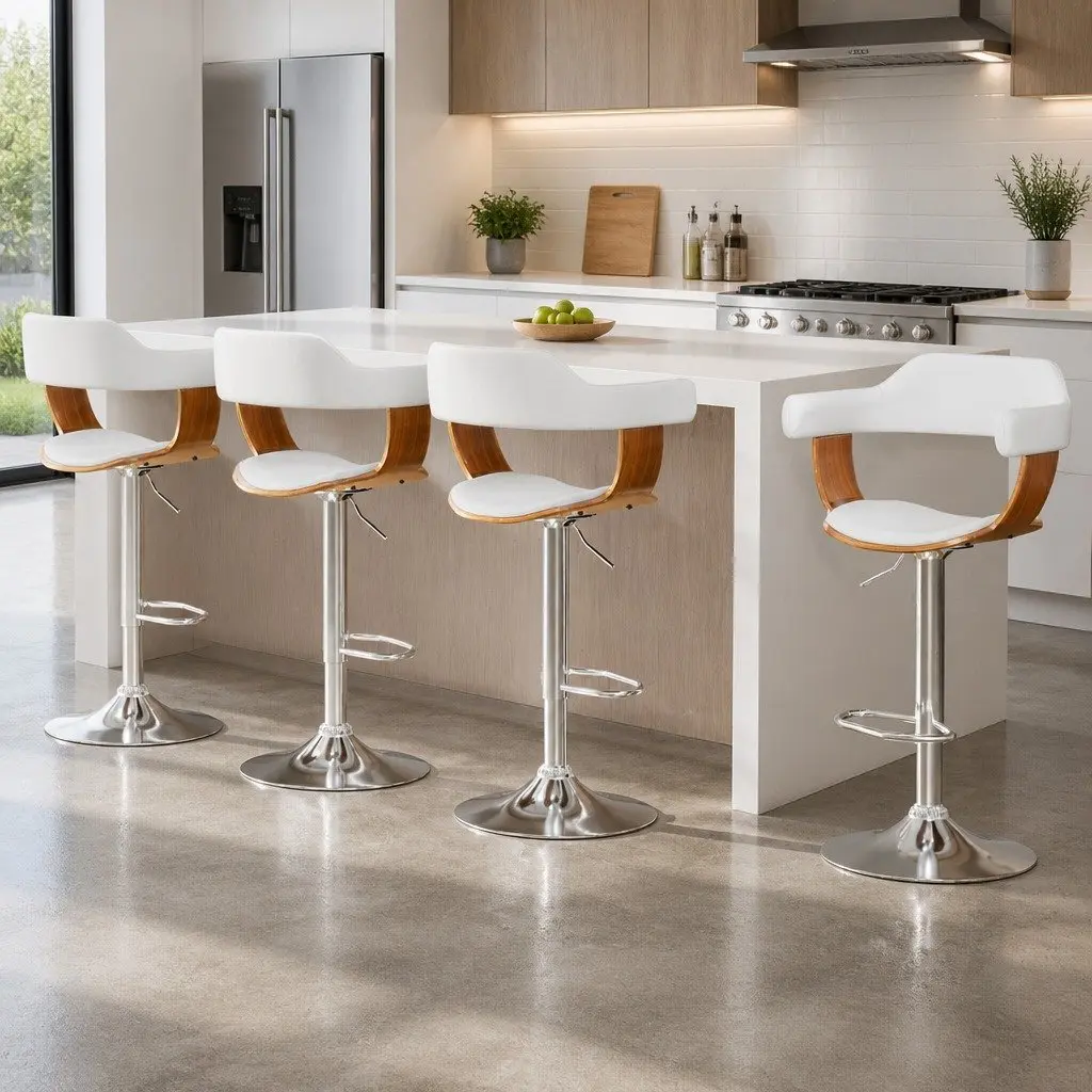 Bar Stools White Height Adjustable Swivel Seat Wooden Frame Chrome Base 4 Piece