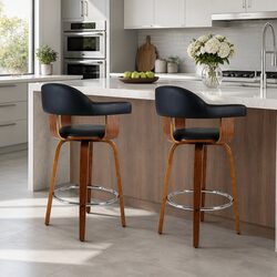 Bar Stools Set of 2 Padded Seat Wooden Legs Rotatable Mid-Height Backrest Black