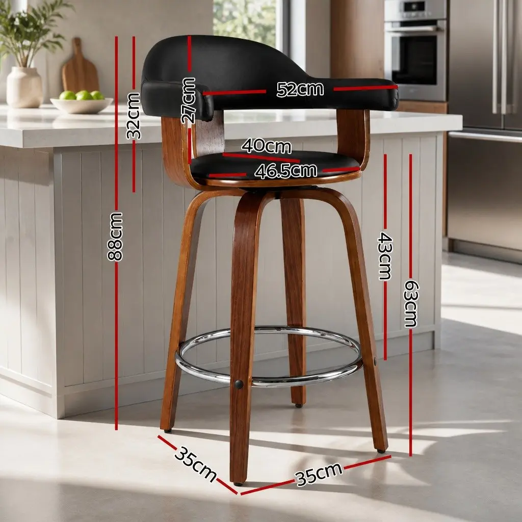 Bar Stools Black Mid-Height Padded Seat Rotatable Wooden Legs