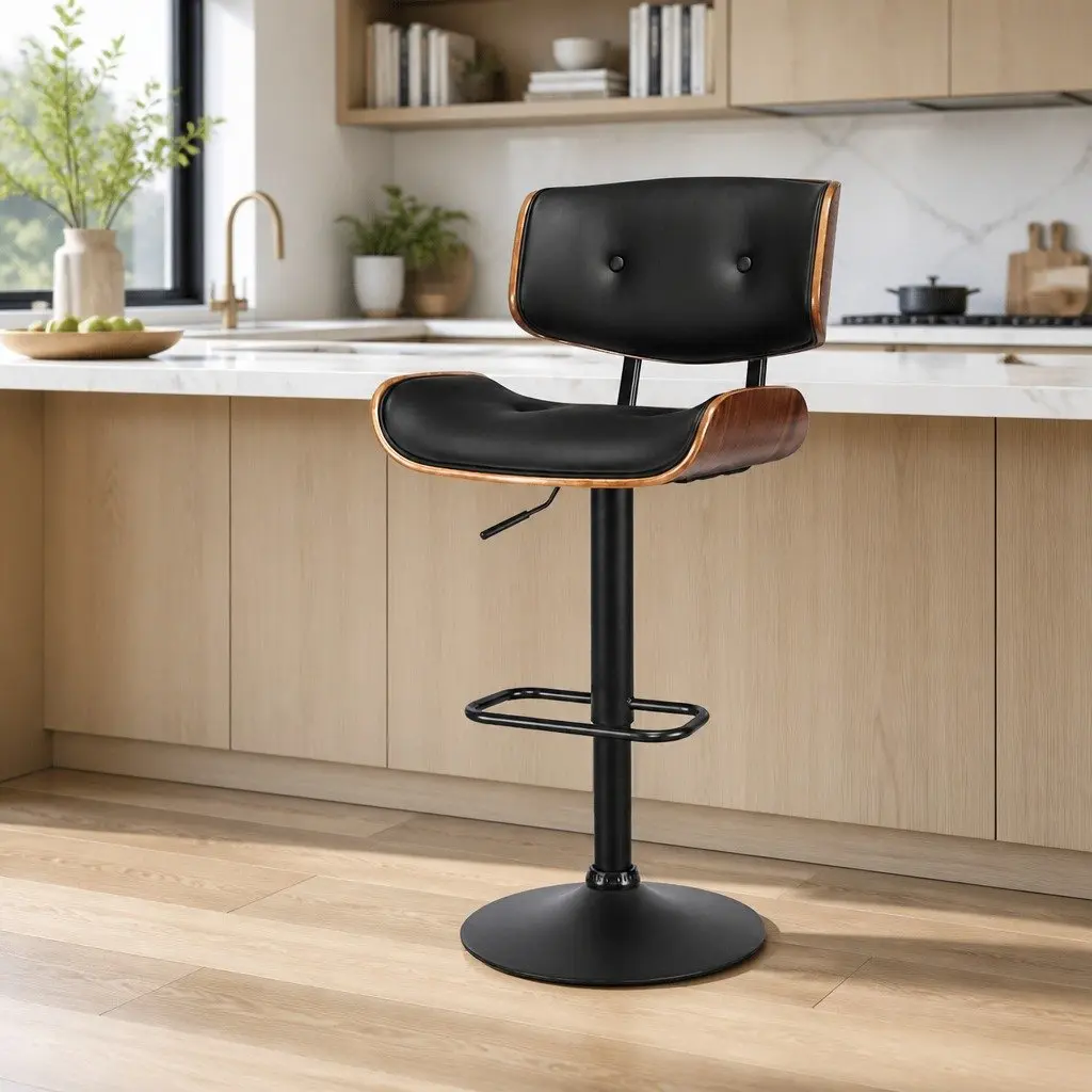 Bar Stools Black Height Adjustable 360 Degree Swivel Padded Seat Steel Base