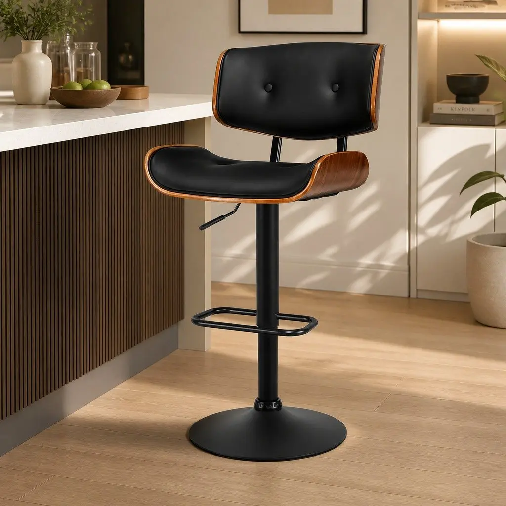 Bar Stools Black Height Adjustable 360 Degree Swivel Padded Seat Steel Base
