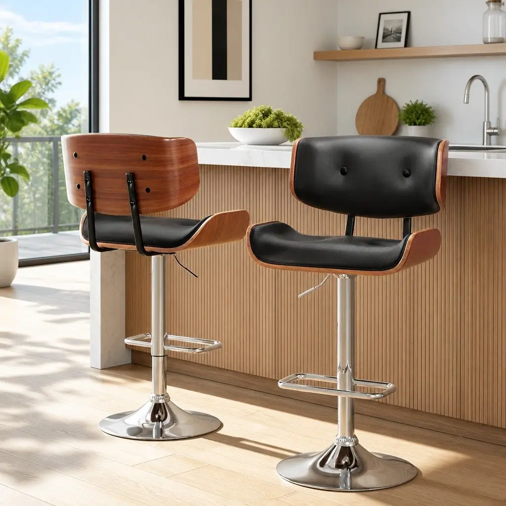 Bar Stools Black Wooden Seat Gas Lift Swivel Chrome Base Set of 2