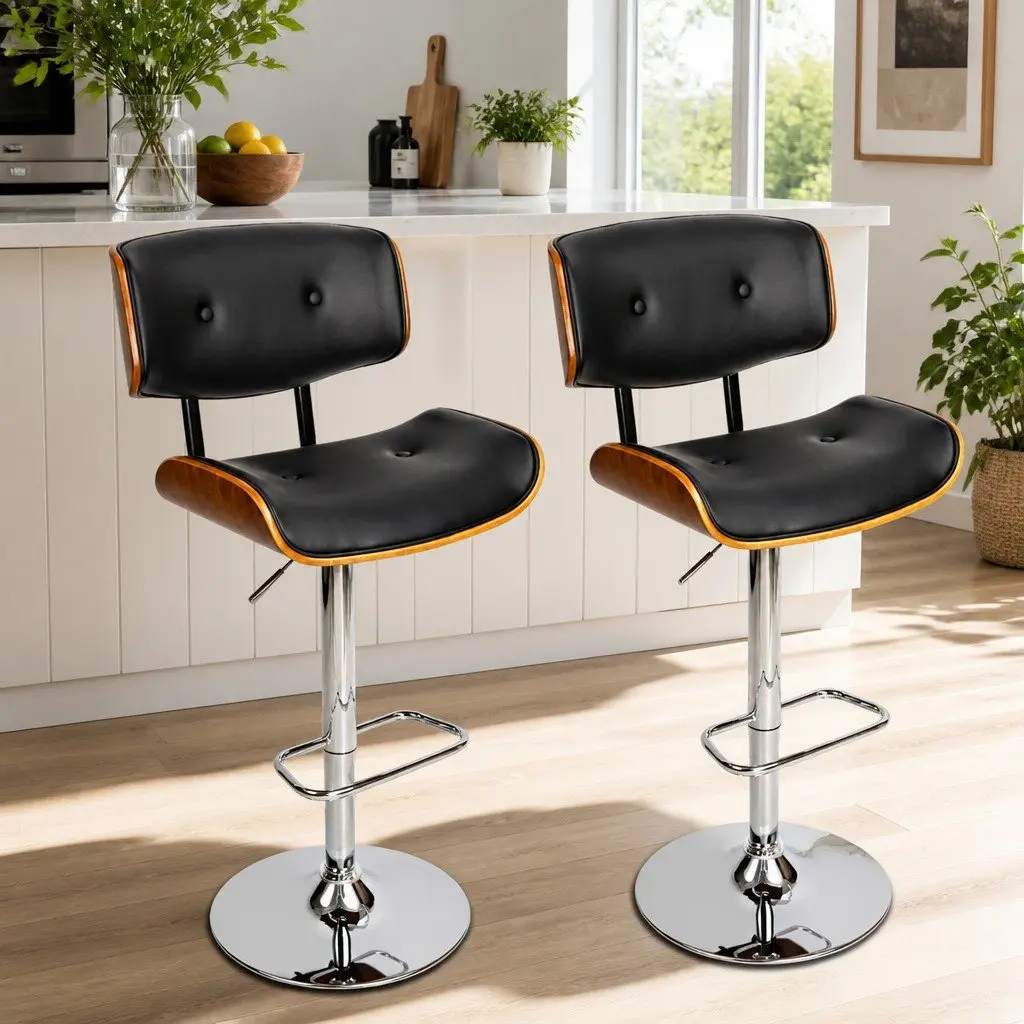 Bar Stools Black Wooden Seat Gas Lift Swivel Chrome Base Set of 2