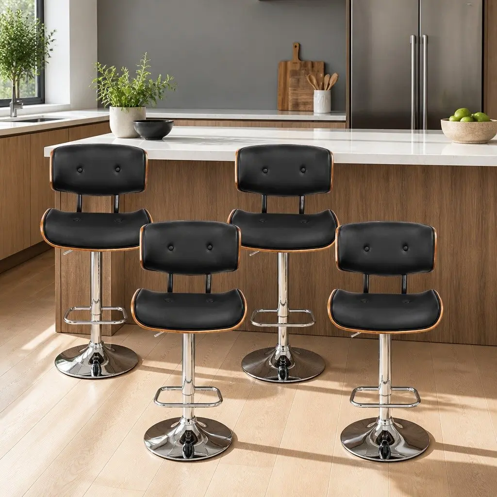 Bar Stools Wooden Black Padded Seat Height Adjustable Gas Lift Swivel Set of 4