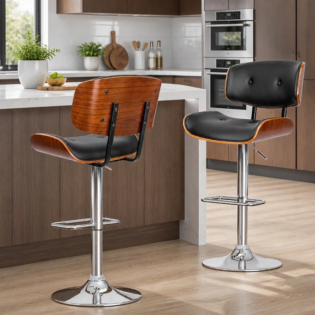 Bar Stools Wooden Black Padded Seat Height Adjustable Gas Lift Swivel Set of 4