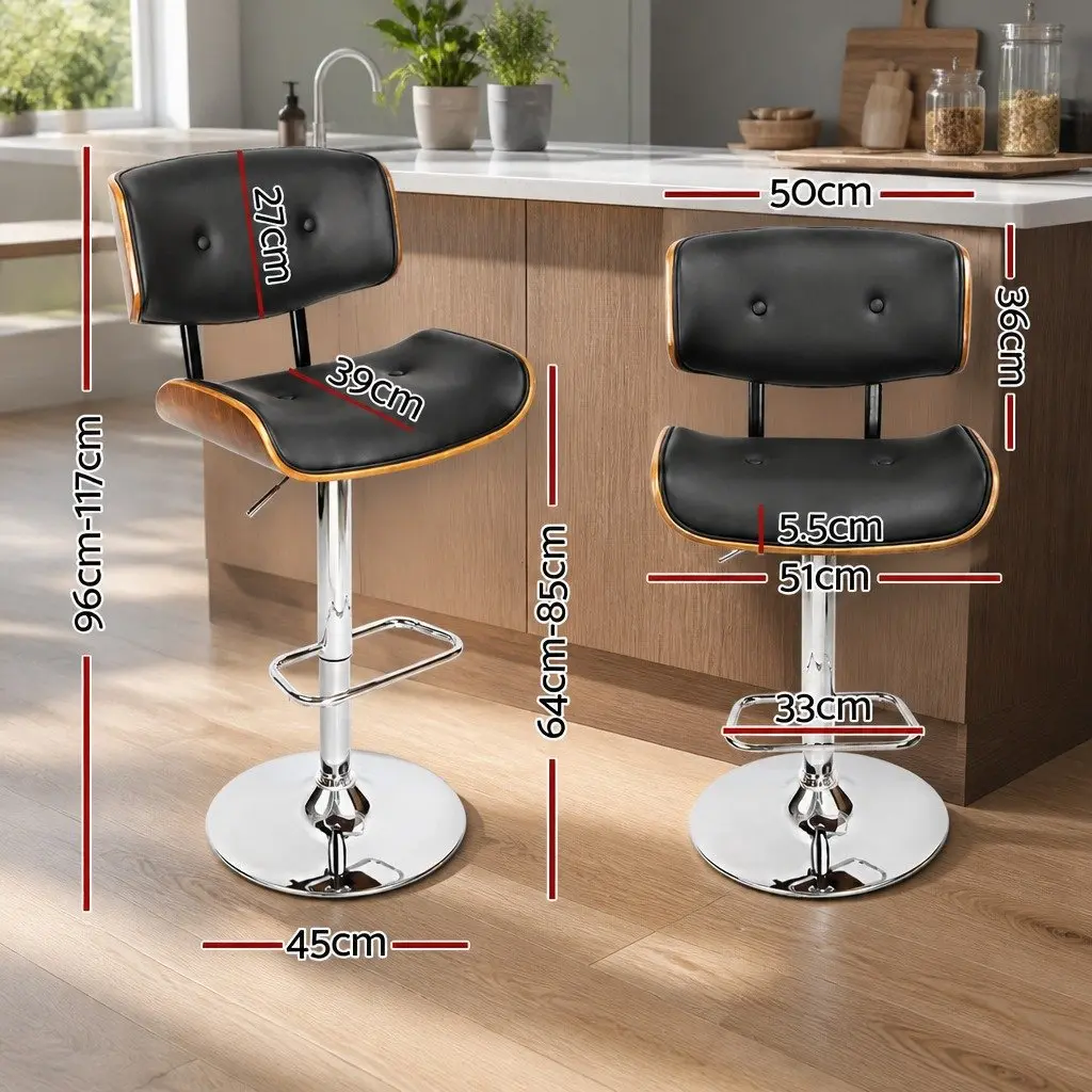 Bar Stools Wooden Black Padded Seat Height Adjustable Gas Lift Swivel Set of 4