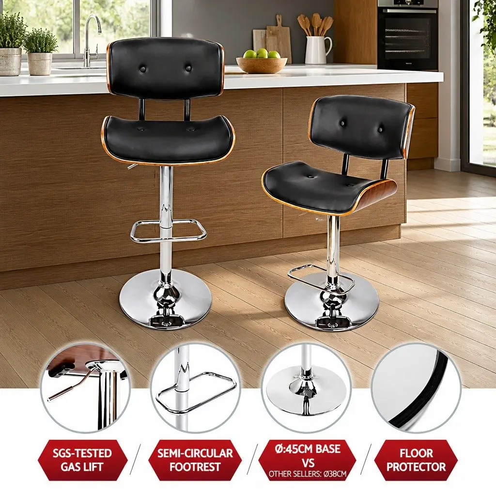 Bar Stools Wooden Black Padded Seat Height Adjustable Gas Lift Swivel Set of 4
