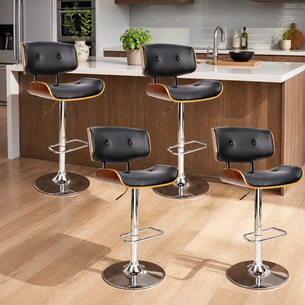 Bar Stools Wooden Black Padded Seat Height Adjustable Gas Lift Swivel Set of 4