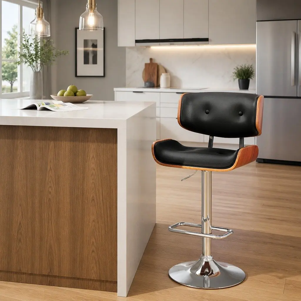 Bar Stools Black Padded Seat Wooden Structure Gas Lift Swivel Chrome Base Height Adjustable
