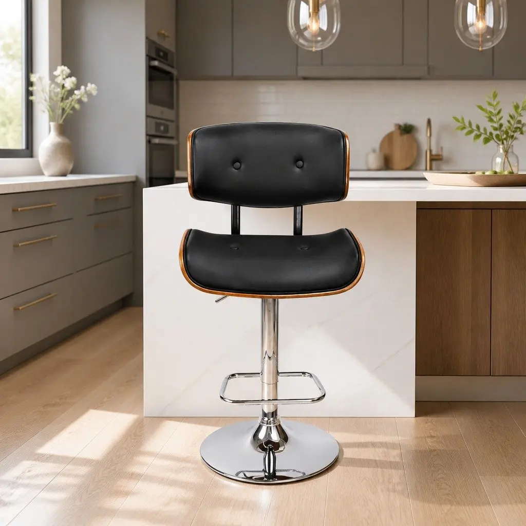Bar Stools Black Padded Seat Wooden Structure Gas Lift Swivel Chrome Base Height Adjustable
