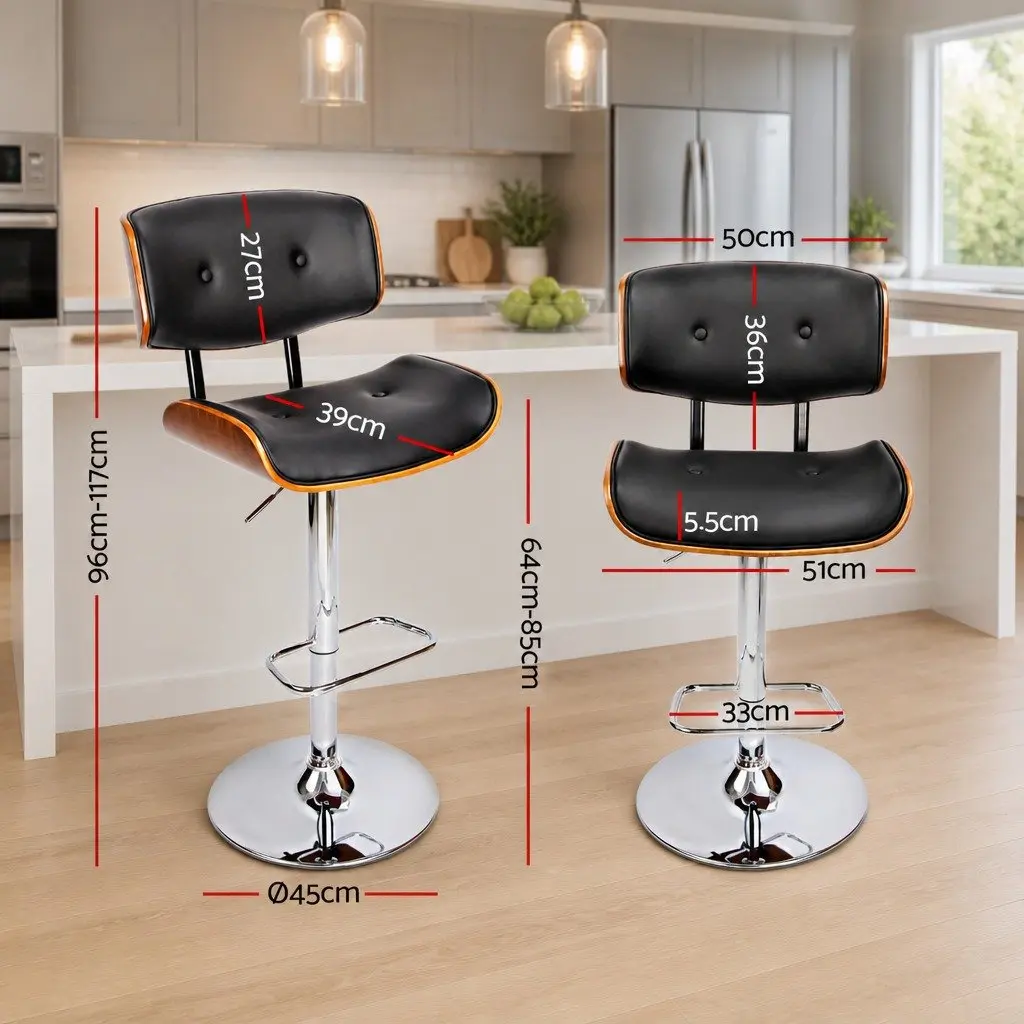 Bar Stools Black Padded Seat Wooden Structure Gas Lift Swivel Chrome Base Height Adjustable