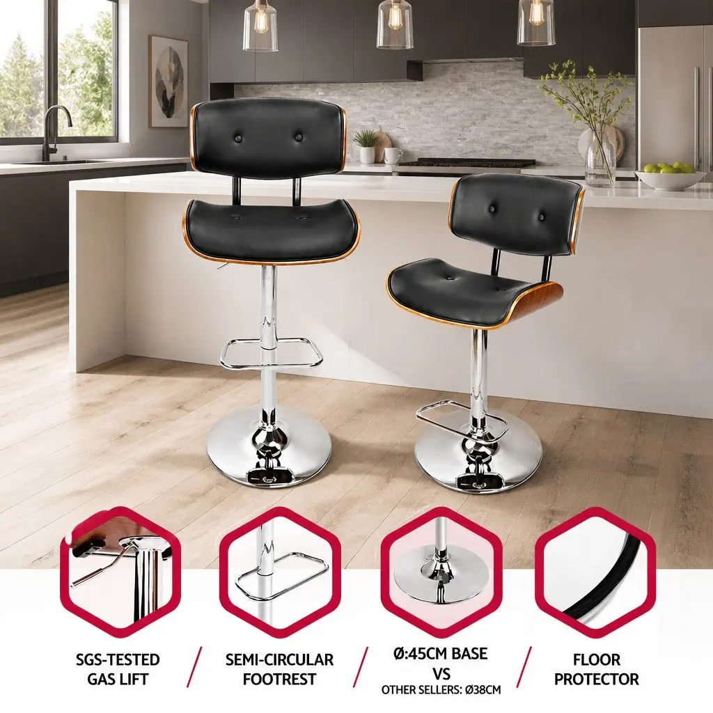 Bar Stools Black Padded Seat Wooden Structure Gas Lift Swivel Chrome Base Height Adjustable