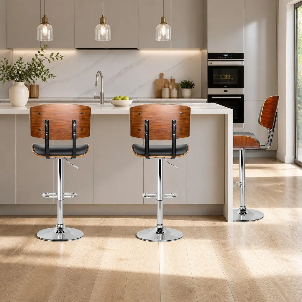 Bar Stools Black Padded Seat Wooden Structure Gas Lift Swivel Chrome Base Height Adjustable