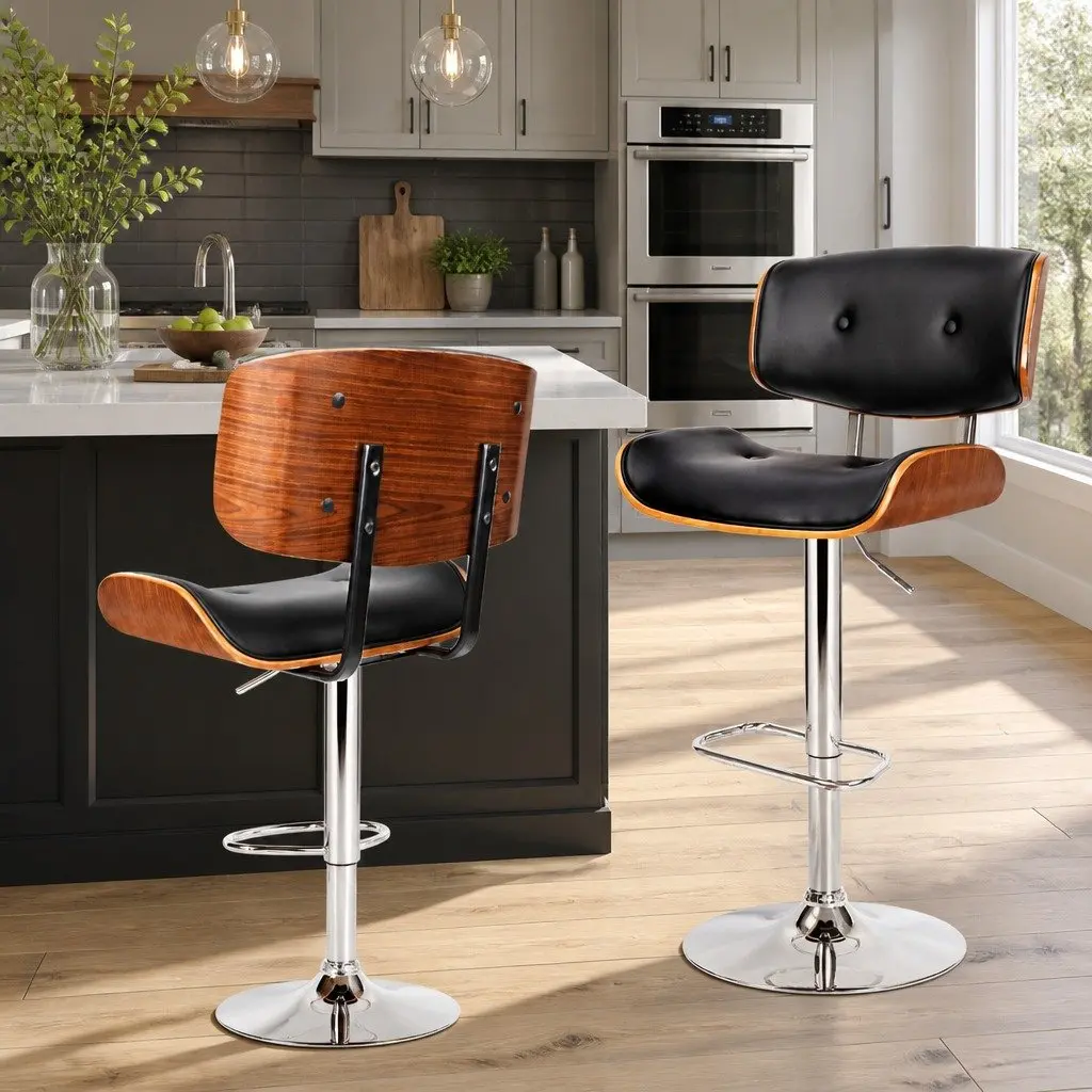 Bar Stools Black Padded Seat Wooden Structure Gas Lift Swivel Chrome Base Height Adjustable