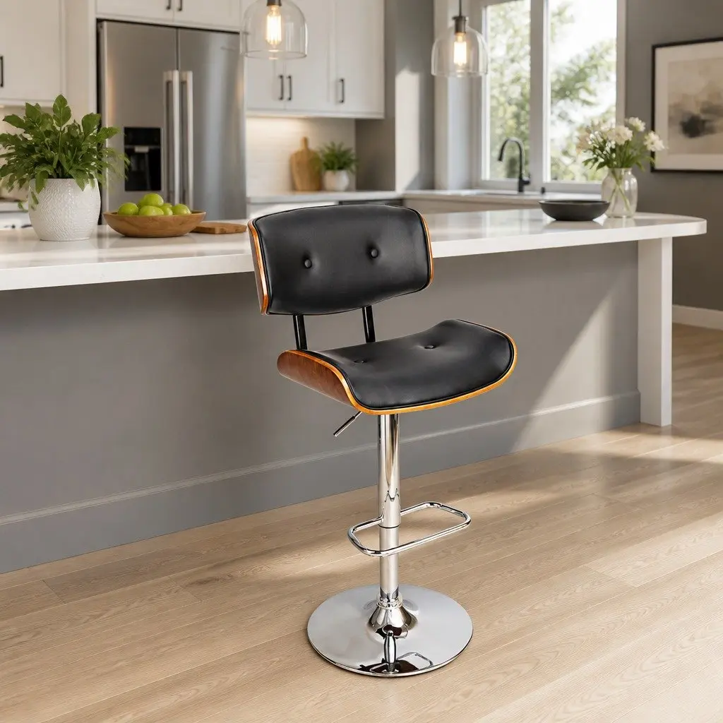 Bar Stools Black Padded Seat Wooden Structure Gas Lift Swivel Chrome Base Height Adjustable