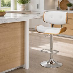 Bar Stool Gas Lift Swivel Chair Wooden Seat Chrome Base Footrest White Padded